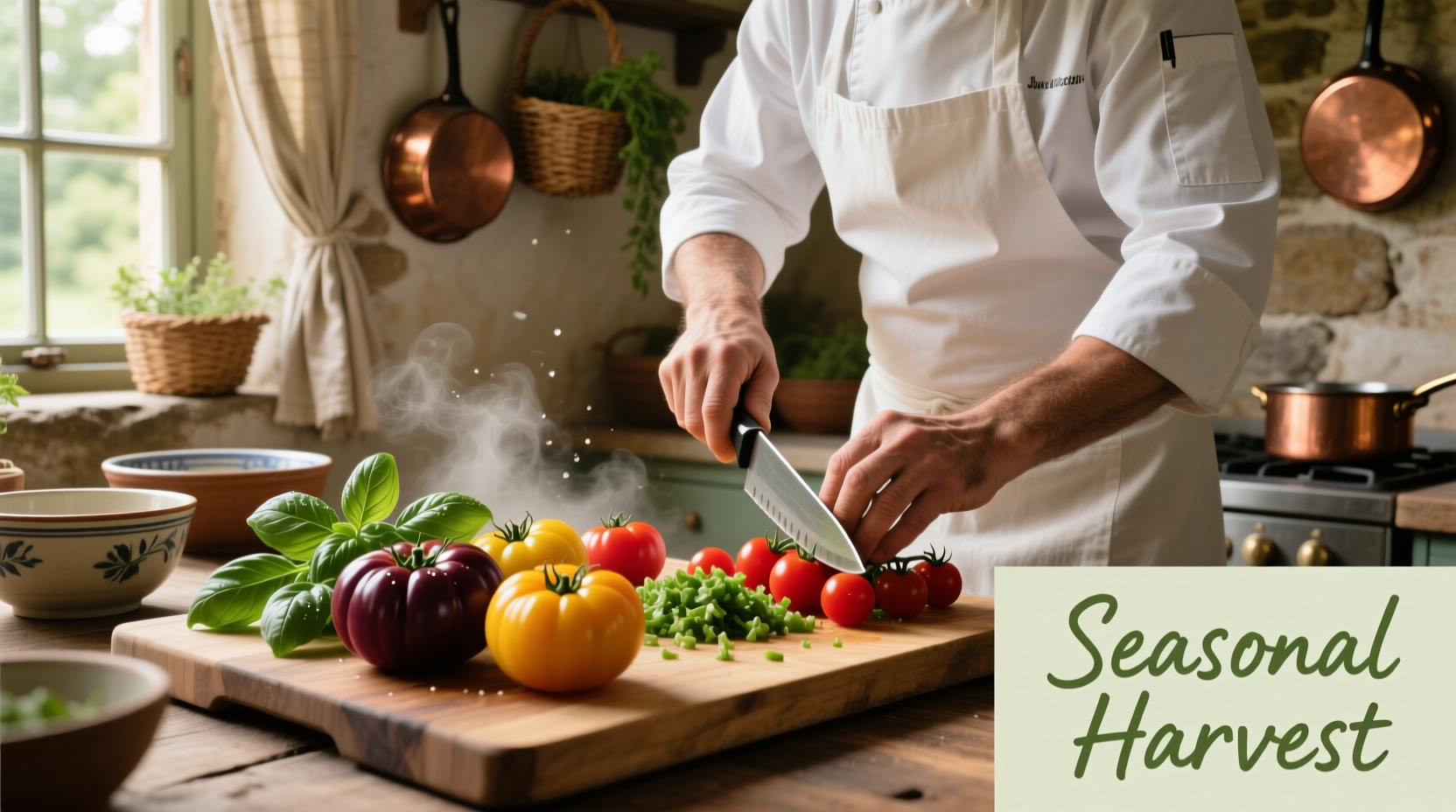 Chef preparing heirloom tomato dish with fresh basil