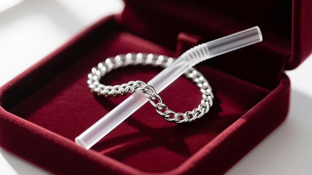 Close-up of a platinum cable chain threaded through a clear plastic straw to prevent tangles, resting inside a velvet jewelry box.