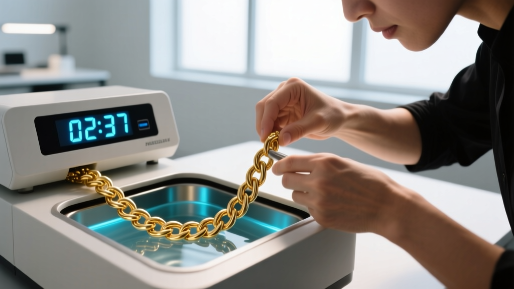 Jeweler using a professional ultrasonic cleaner on an intricate 14k gold rope chain, digital timer display glowing in background.