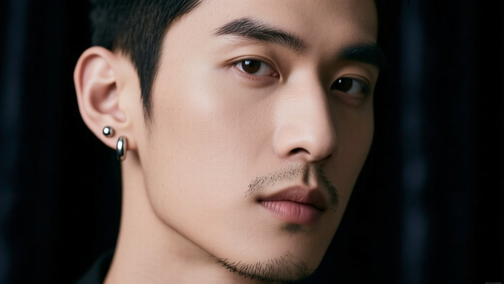 Close-up portrait of a stylish young man with two minimalist titanium stud earrings in his left ear lobe, moody studio lighting.