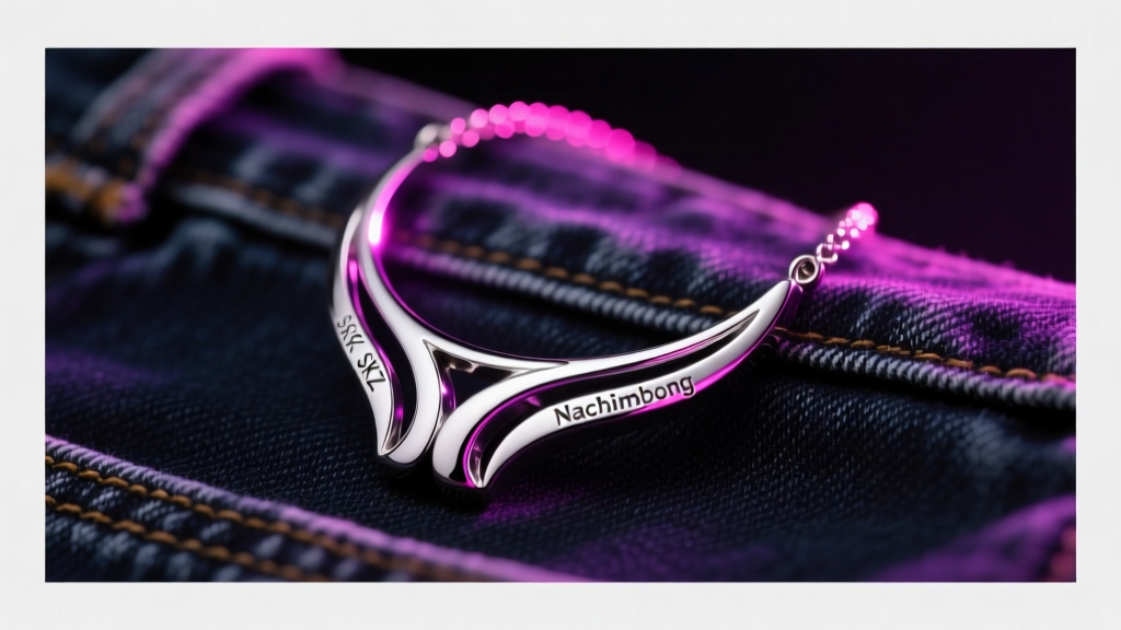 Silver SKZ Nachimbong pendant necklace resting on dark denim, illuminated by neon purple and pink concert lighting.