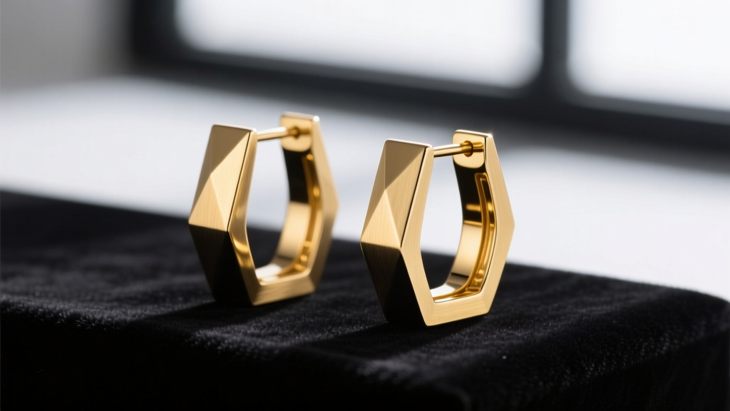 Close-up of angular 14k yellow gold rectangular hoop earrings with a brushed finish, displayed on dark velvet under bright light.