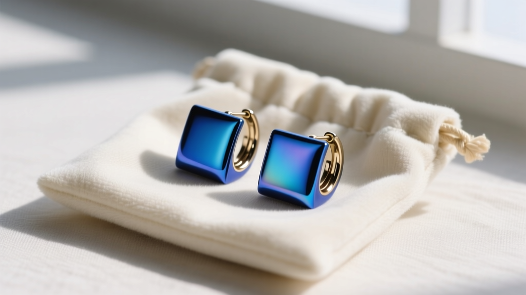 Anodized titanium blue square huggie earrings stored in an anti-tarnish velvet pouch, highlighting the vibrant blue oxide layer