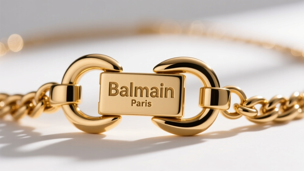 Macro shot of a gold-tone brass Balmain necklace clasp showing the crisp Balmain Paris engraving and heavy lobster claw hardware.