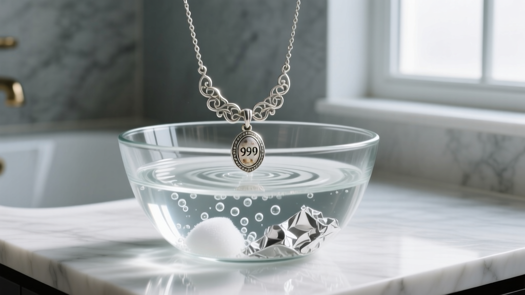 A tarnished silver 999 necklace submerged in a glass bowl of baking soda and aluminum foil electrochemical cleaning bath
