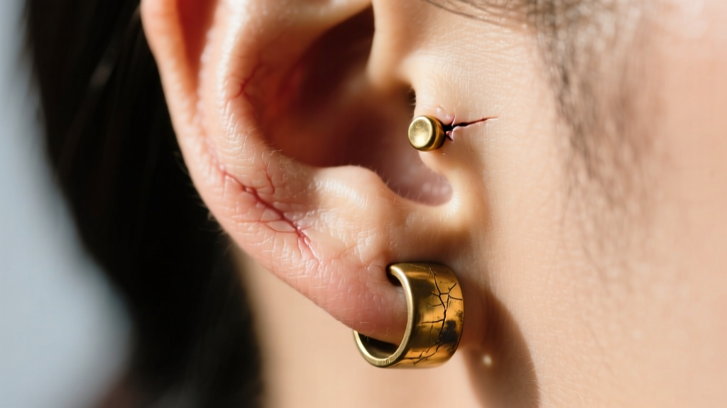 Macro photography of a brass ear weight hanging from a healed 4g earring hole, highlighting the lobe thickness and metal patina