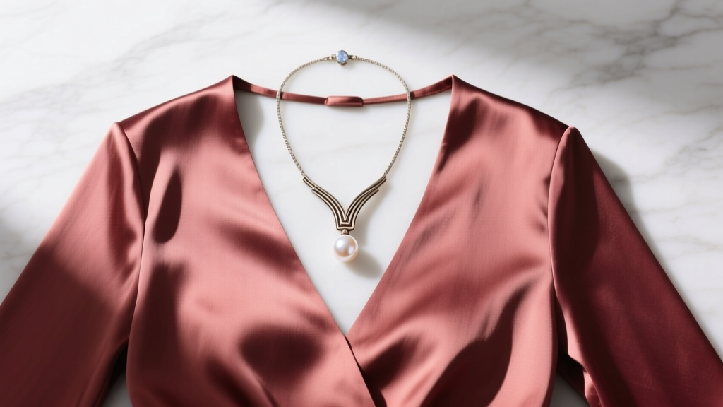 Flat lay of V-neck silk blouse with Y-shaped lariat necklace and pearl pendant, top-down view on white marble surface.