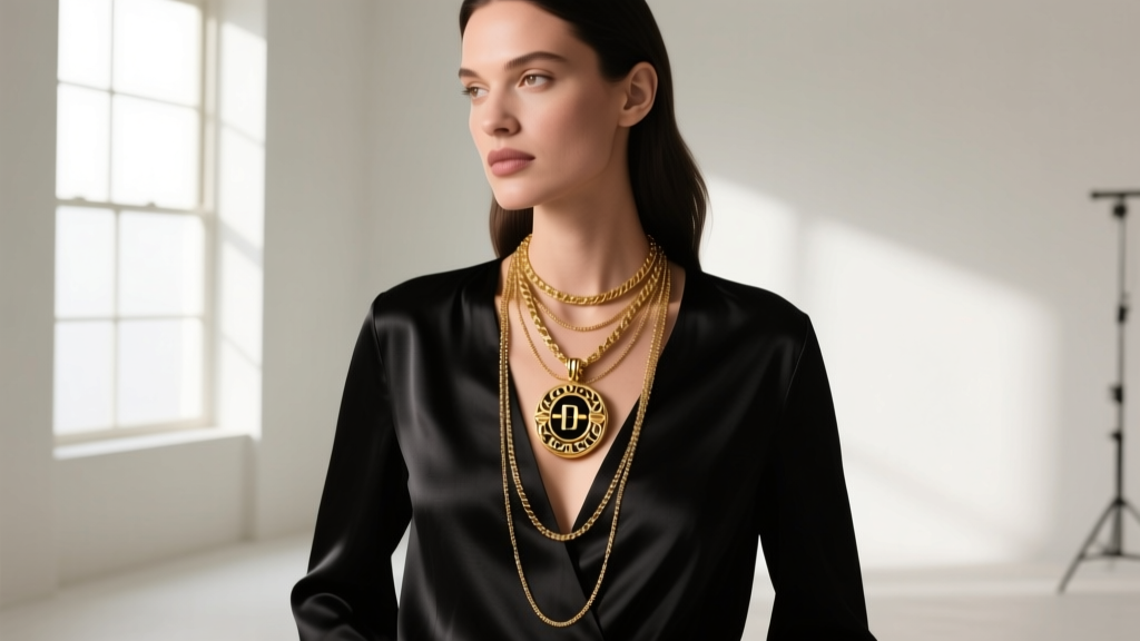 Woman wearing layered gold necklaces with the Marc Jacobs Decadence pendant as the centerpiece over a black silk V-neck blouse.