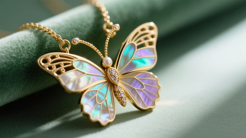 Macro shot of a butterfly pendant showing intricate gold filigree antennae and natural banding in the carved nacre shell.