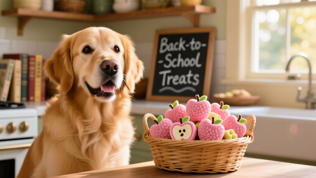 Happy dog sitting beside a small basket filled with pink apple-shaped treats