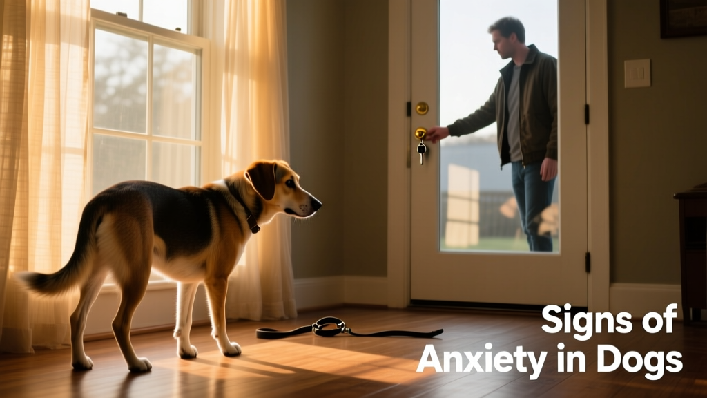 A dog pacing anxiously near a window while owner prepares to leave