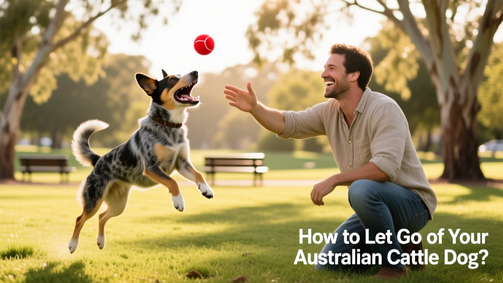 Australian Cattle Dog happily playing fetch in a grassy park with a smiling adult