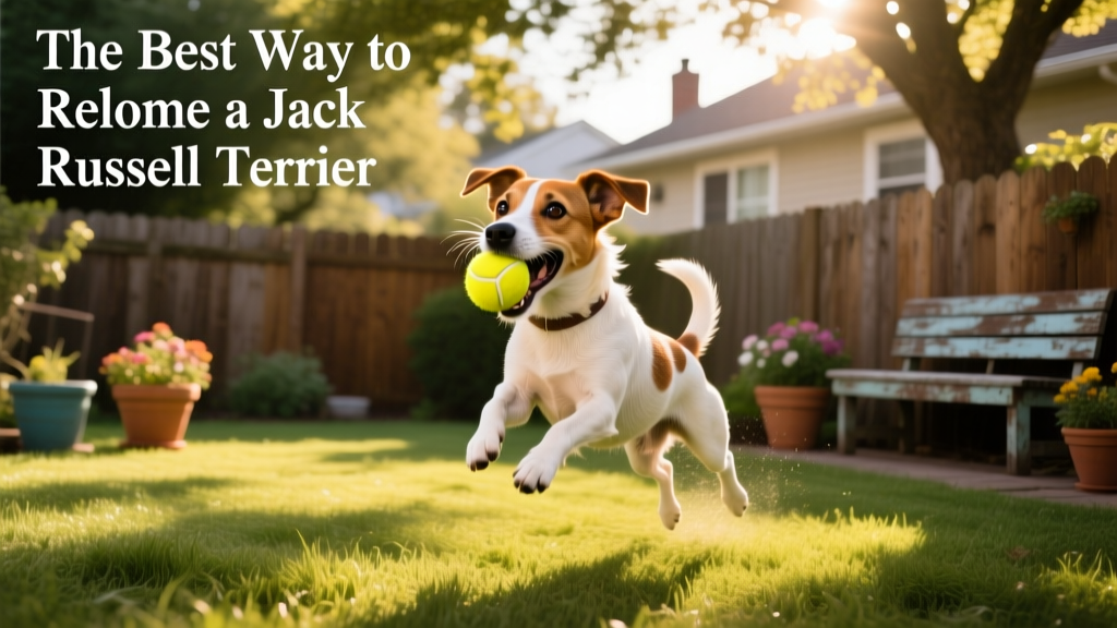 A cheerful Jack Russell Terrier playing in a sunlit backyard with a tennis ball