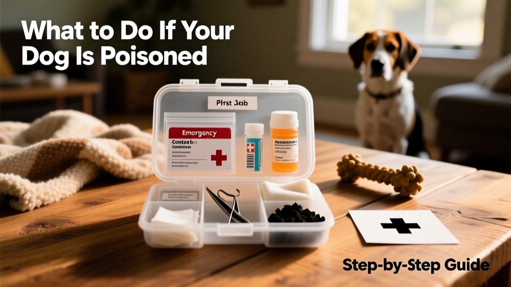 Well-organized pet first aid kit with labeled compartments, including emergency contact card and sealed medication storage