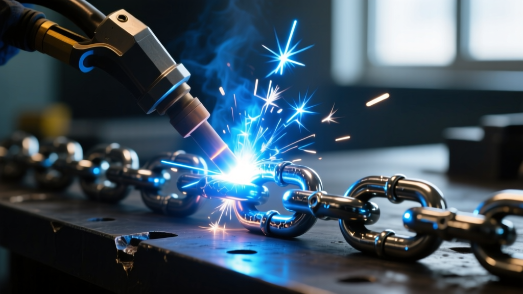 Close-up of pulse arc welder fusing a glowing UV-reactive titanium chain link, bright blue sparks against a dark workbench.