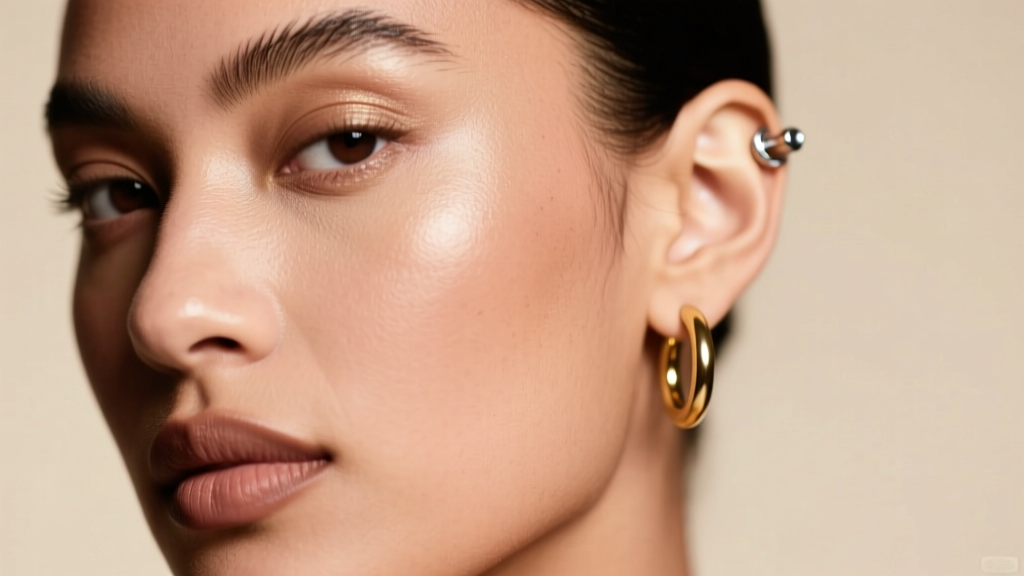 Profile of a model wearing an 18-gauge titanium helix stud and a seamless gold lobe hoop against a soft neutral studio backdrop