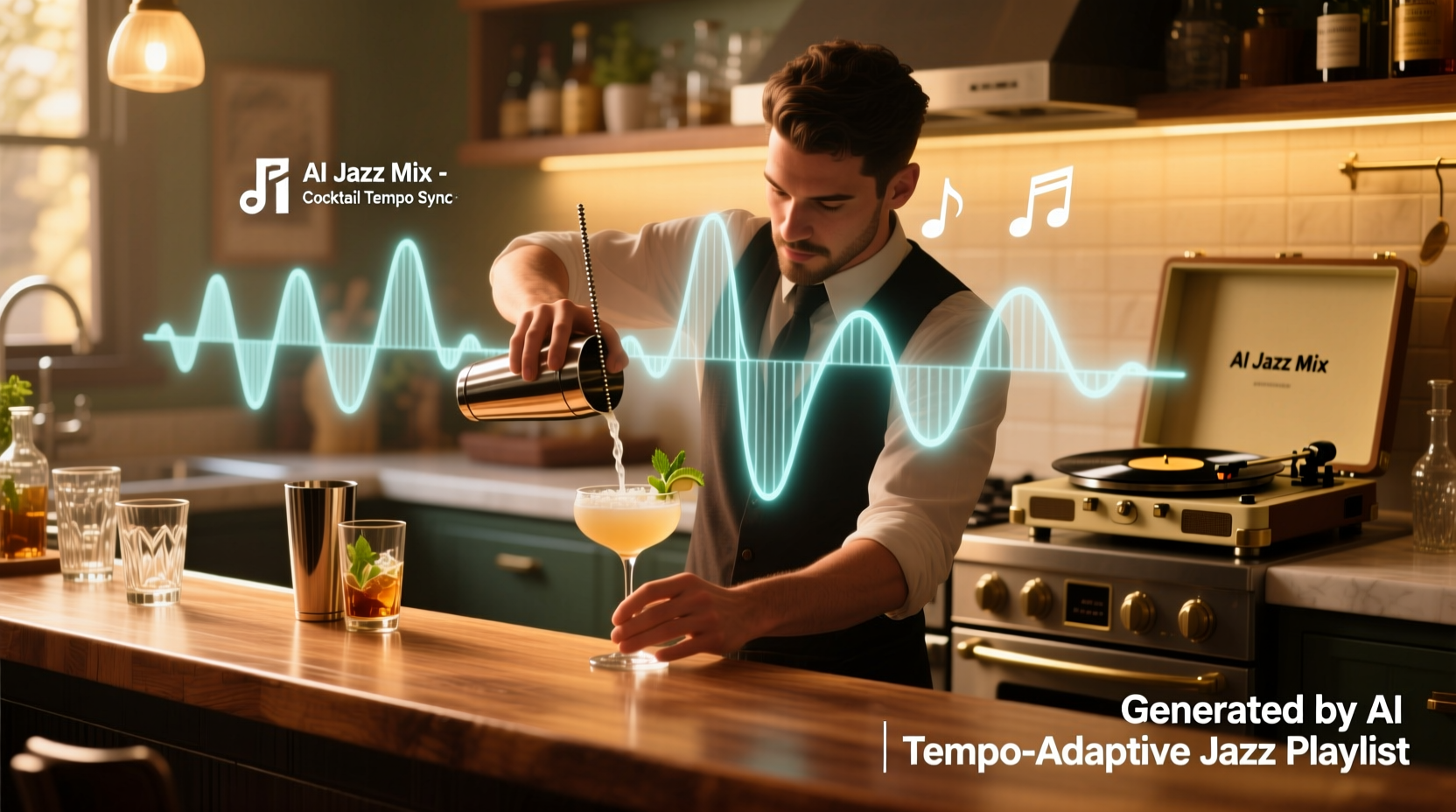 how to use generative AI to compose original jazz playlists synced to cocktail preparation tempo