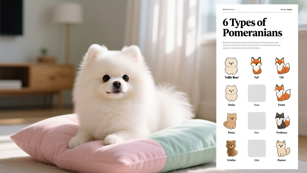 A fluffy white Teddy Bear Pomeranian with a rounded face and wide-set eyes, resting on a pastel-colored cushion