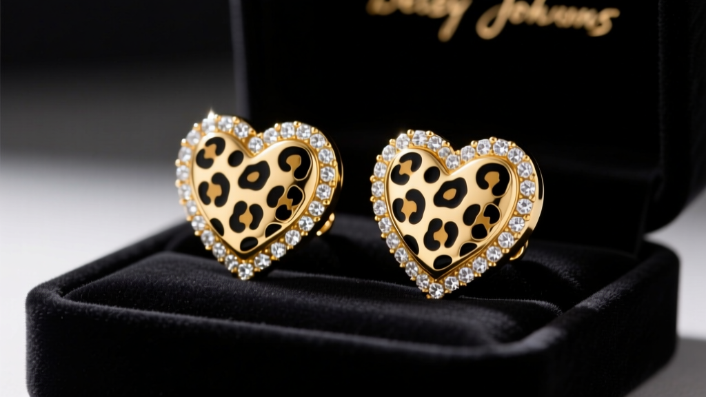 Close-up of gold Betsey Johnson leopard heart earrings with black enamel spots and clear rhinestones on a dark velvet display pad.