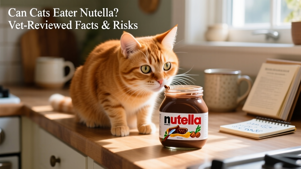 Close-up of a curious cat sniffing a jar of chocolate-hazelnut spread on a kitchen counter