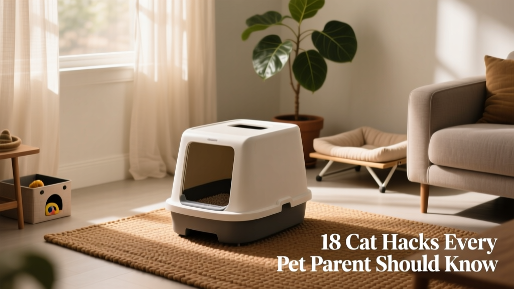 A clean top-entry litter box placed on a textured mat in a tidy corner of a living space