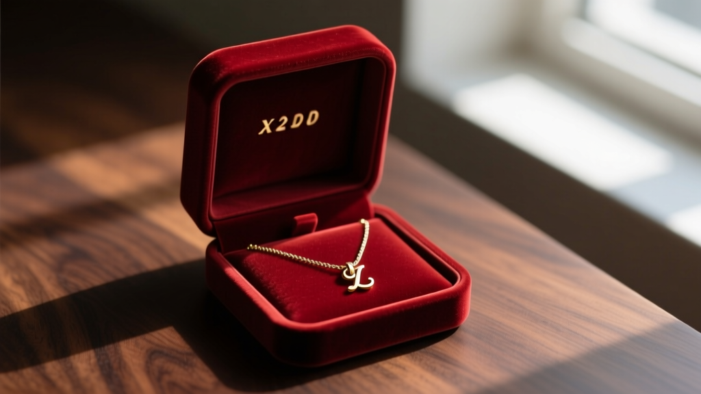 Elegant velvet jewelry box opened to reveal a handmade bar necklace with a tiny stamped initial, resting on a dark wood surface.