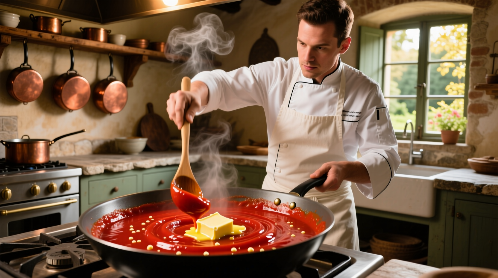 Chef swirling butter into vibrant red tomato sauce