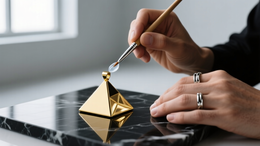 Jeweler applying clear sealant to the back of a gold pyramid pendant to prevent skin discoloration and nickel contact allergies
