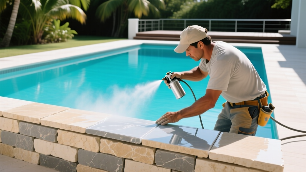 Mason applying clear siloxane sealer to stacked limestone veneer surrounding a bright blue saltwater swimming pool.