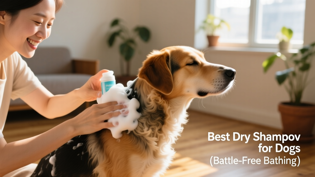 A person gently applying foam-based dry shampoo to their dog’s shoulder and back, using circular massaging motions