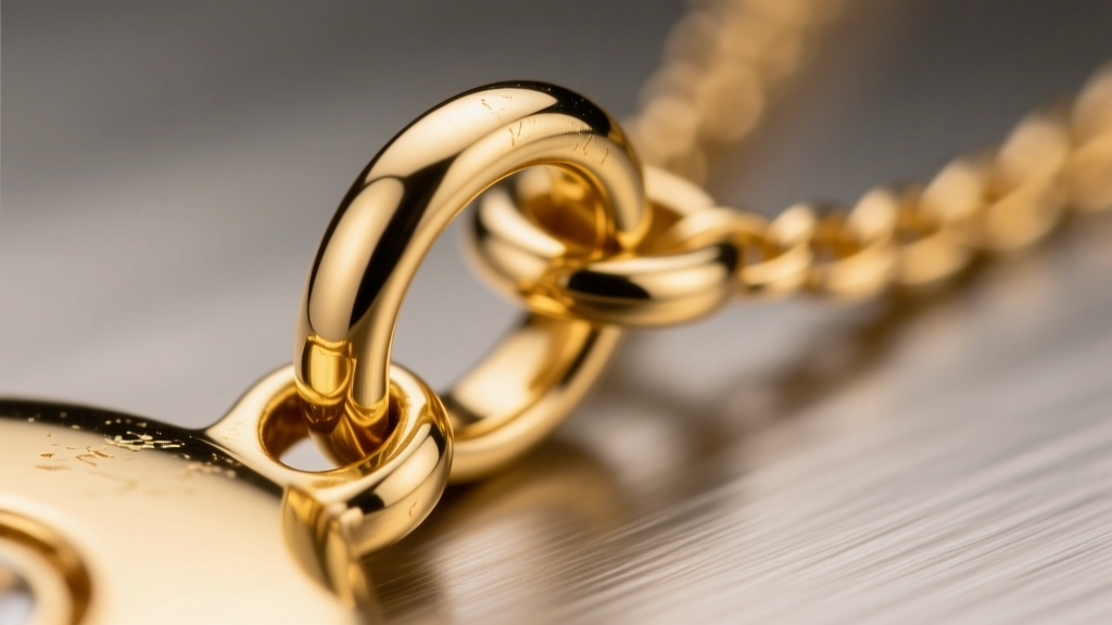 Macro shot of a soldered jump ring linking a 14k gold chain to a pendant bail, showing a secure, seamless closure under warm light