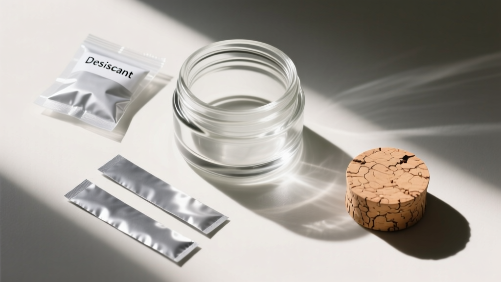 Flat lay of DIY silver jar supplies: a glass vessel, anti-tarnish strips, indicating silica gel packets, and a raw cork base