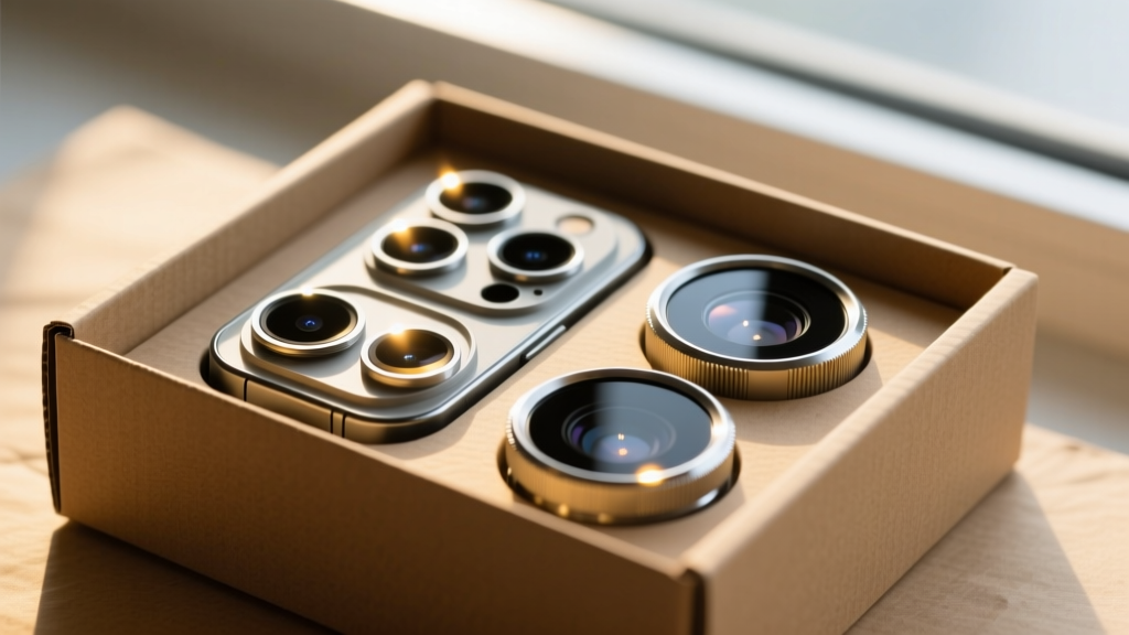 Modular smartphone lens kit in a recycled cardboard box, with aerospace aluminum lenses catching the warm light of a studio.