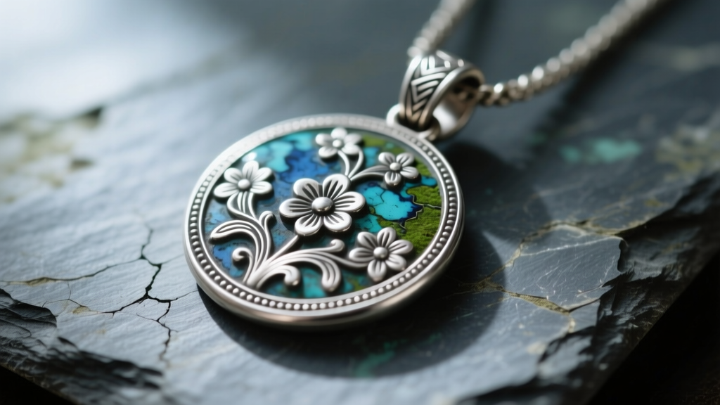 Macro shot of an oxidized Hill Tribe silver pendant with floral repoussé on slate, soft light highlighting deep patina.