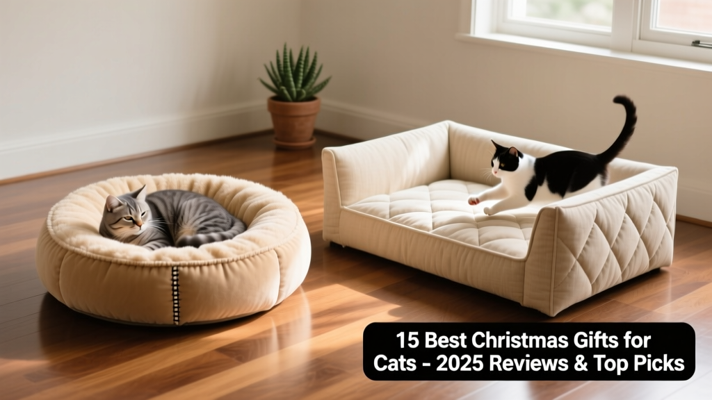 Side-by-side comparison of two cat beds: one circular nest-style, one rectangular with bolstered edges, placed on a hardwood floor