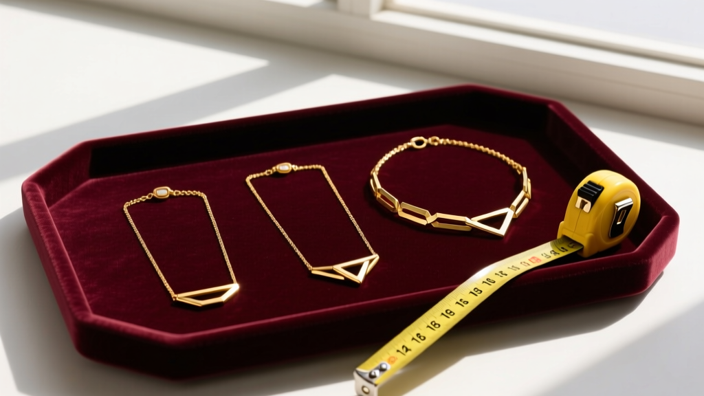 Overhead flat lay of a velvet tray displaying three gold necklaces at 14, 16, and 18 inches, next to a yellow measuring tape