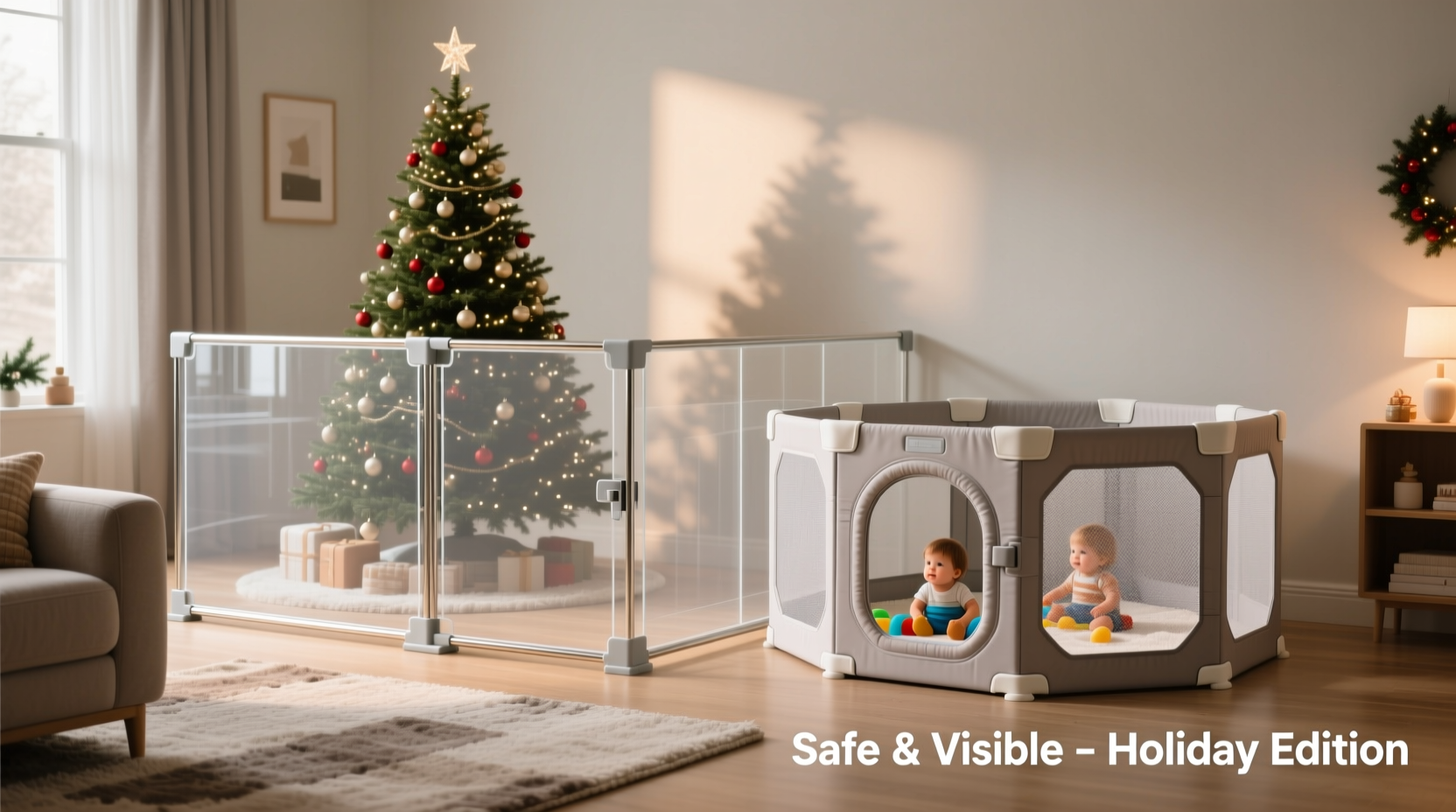 christmas tree safety gate vs playpen barrier which keeps toddlers away without blocking views