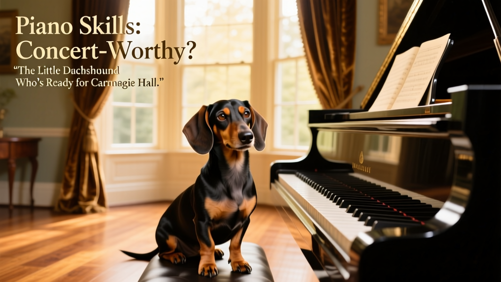 The same dachshund sitting calmly beside a grand piano in a sunlit room, looking thoughtful and composed