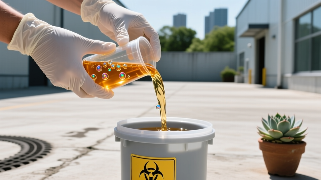 Nitrile-gloved hands pouring expired ultrasonic jewelry cleaner into a hazardous waste container outdoors in bright daylight