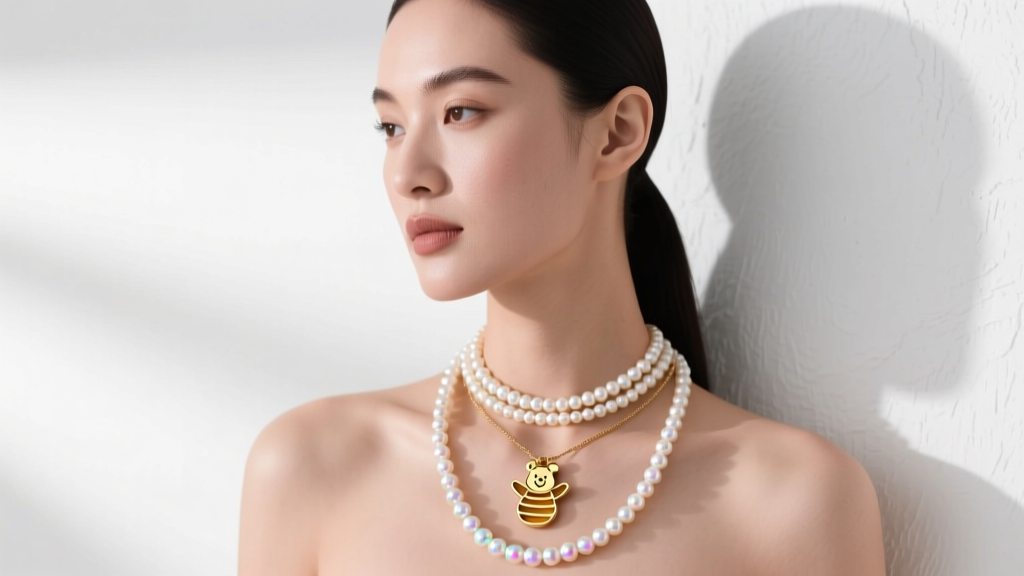 Woman wearing a layered necklace stack with a honey pot charm, a subtle Pooh silhouette pendant, and a 22-inch pearl strand.