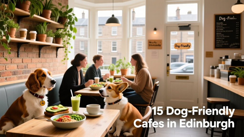 Interior view of a bright, modern Edinburgh café with dogs resting under tables and patrons enjoying plant-based meals