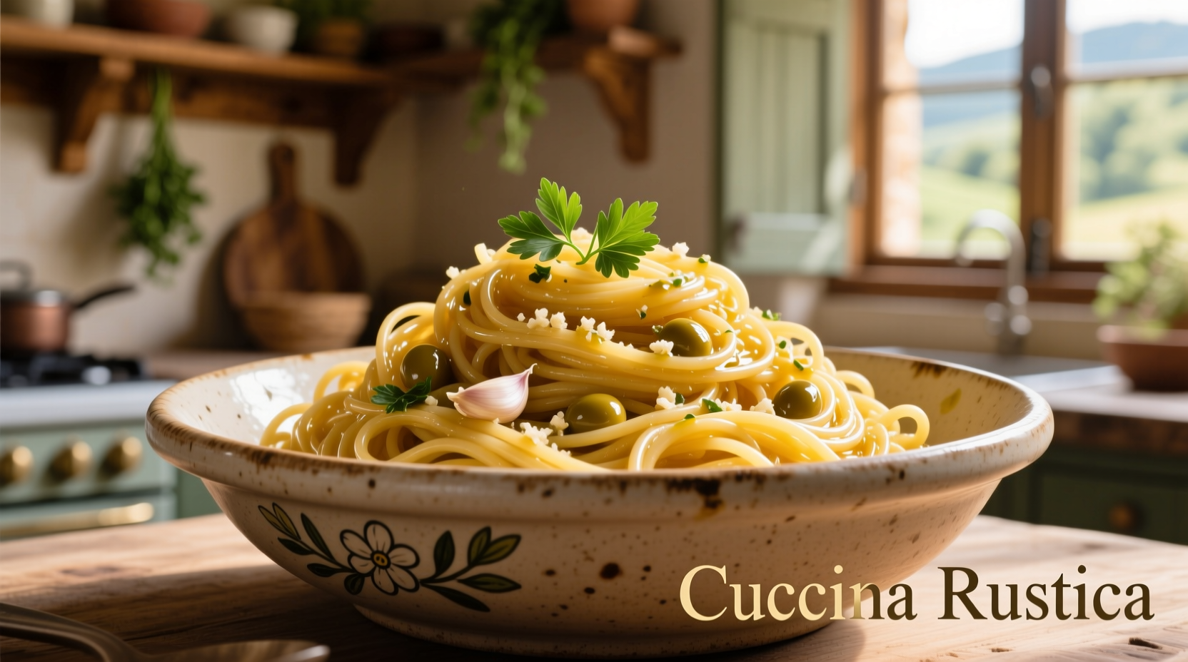 Golden spaghetti with garlic and olive oil in ceramic bowl