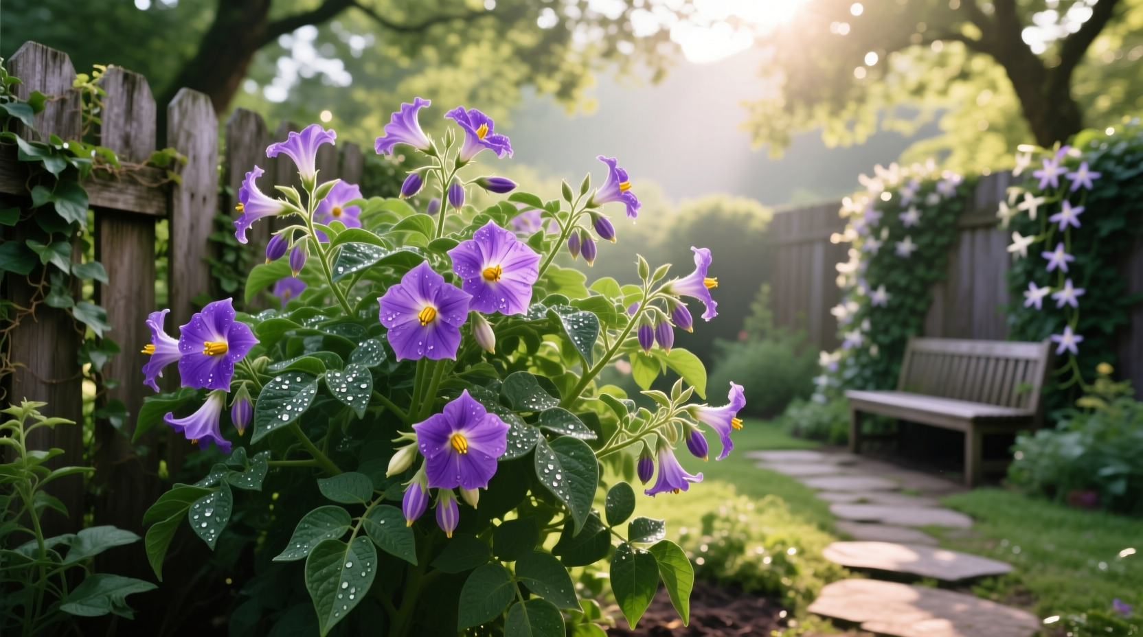 Potato bush shrub with vibrant purple flowers in garden setting