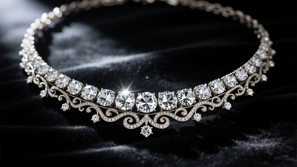 Close-up of a vintage 19th-century style diamond rivière necklace on dark velvet, illuminated by a single dramatic spotlight.
