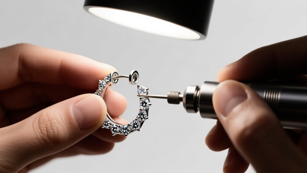 Jeweler using a rotary tool to polish and smooth the sharp edges of a silver diamond cut hoop earring under a bright bench lamp.