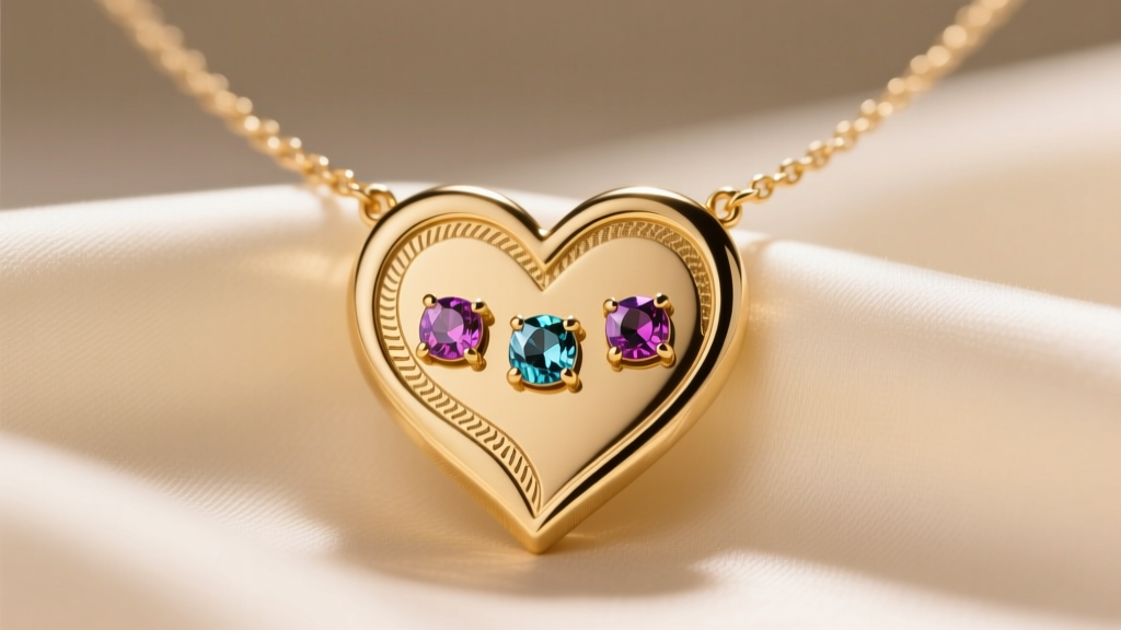 14k gold mom heart necklace on cream silk, showing three bezel-set birthstones and fine laser engraving under warm studio lighting.