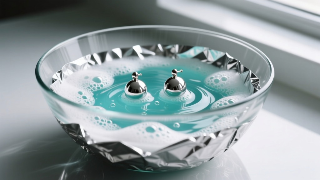 Close-up of a glass bowl lined with aluminum foil, showing a bubbling baking soda bath with silver ball earrings submerged inside