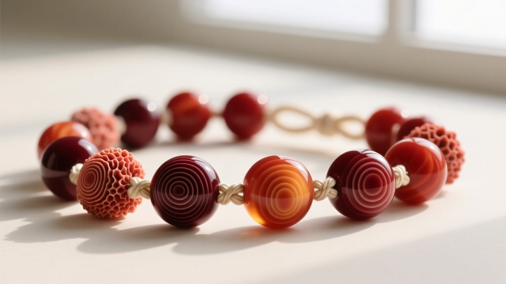 Macro photography of natural red coral beads showing subtle organic growth rings and color variations on a knotted silk thread