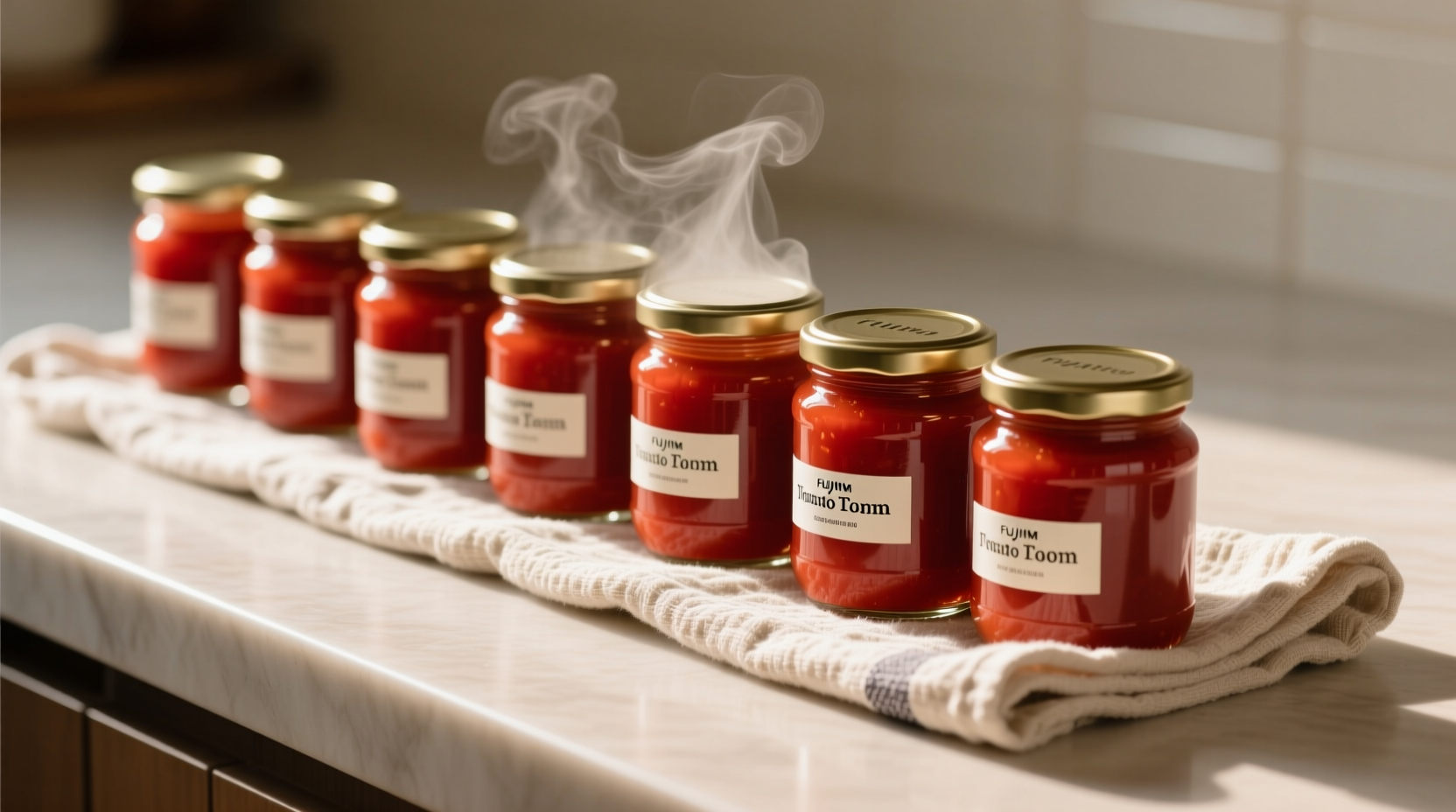 Properly processed tomato sauce jars cooling on towel