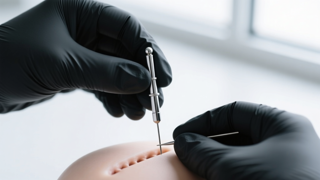 Hands wearing black nitrile gloves holding a sterile insertion taper aligned with a 14-gauge sternum surface piercing channel.